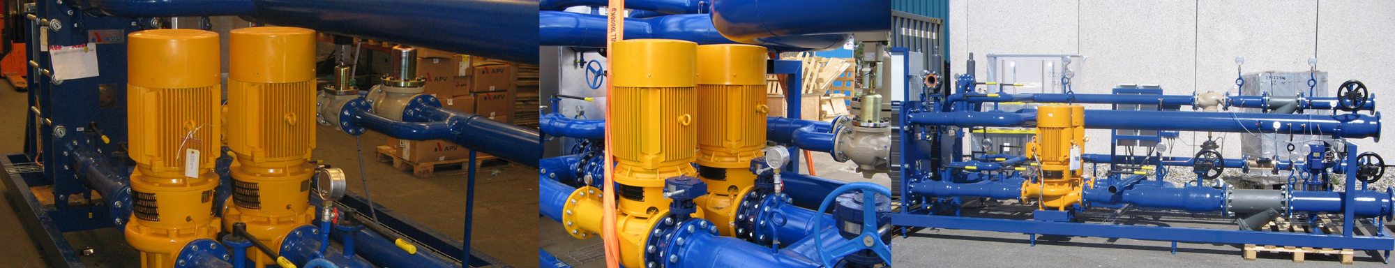 工业泵和管道系统，配有黄色电机和蓝色管道。