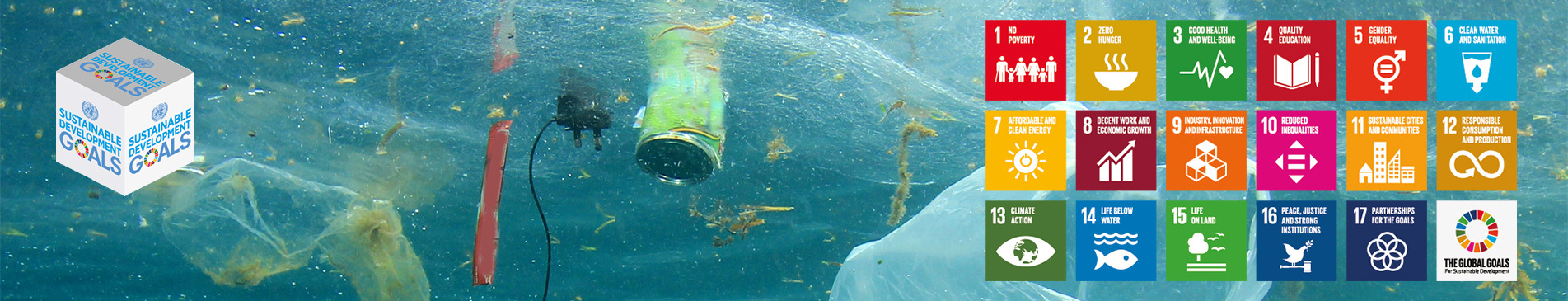Underwater scene with plastic pollution and UN Sustainable Development Goals icons displayed.
