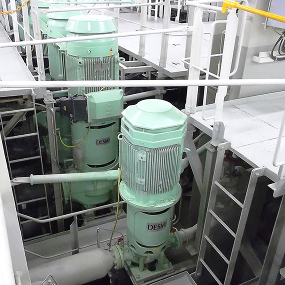 Bombas industriales DESMI para el manejo de fluidos en un espacio de maquinaria con barandillas.