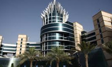 Modern architectural building with distinctive crown-like design and palm trees in front.