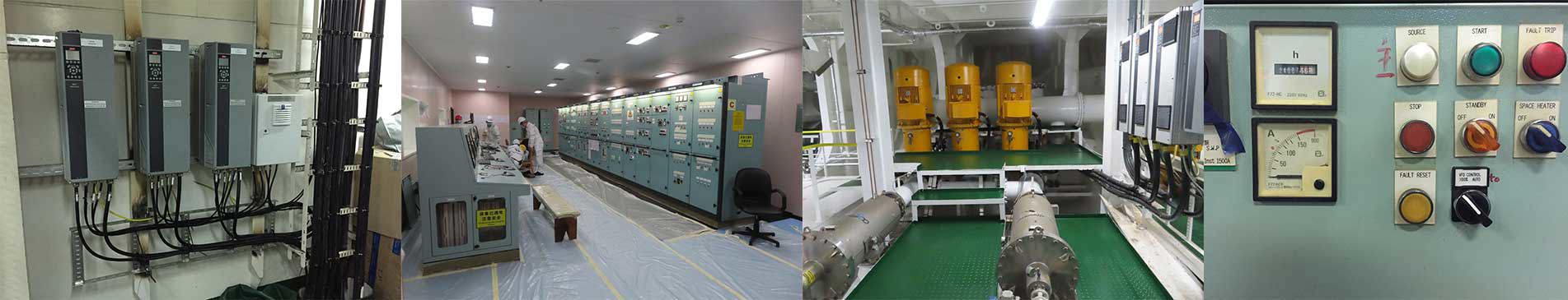 Industrial control room with electrical panels, machinery, and various control buttons.