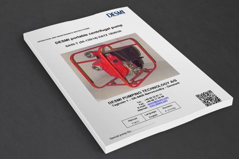DESMI manual cover featuring a portable centrifugal pump image and contact details.