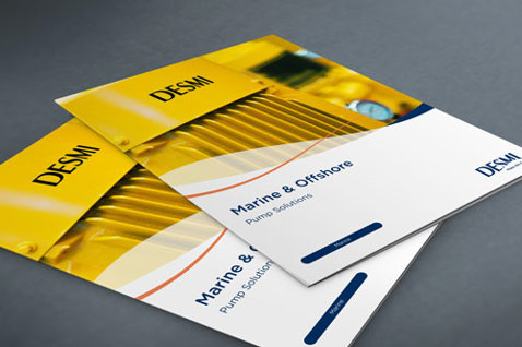 DESMI Marine & Offshore pump solutions brochures on a table.