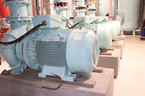 设施内一排工业泵，安装在混凝土基座上。