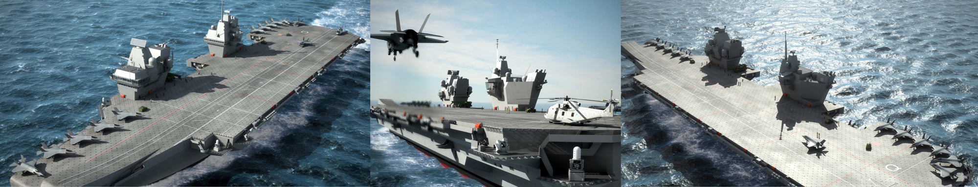 航空母舰甲板上有喷气式飞机和直升机，正在海洋中航行。