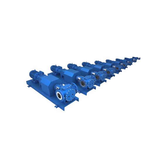 Row of blue DESMI pumps for fluid handling applications.