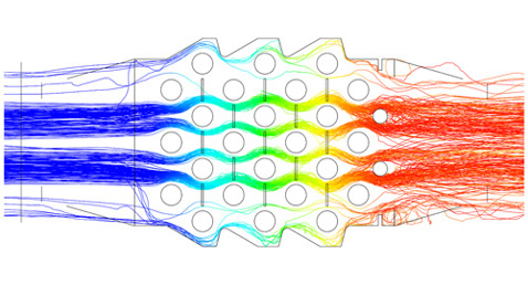 Fluid dynamics simulation showing airflow patterns through a perforated structure.