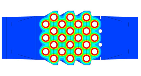 Colorful thermal analysis of a heat exchanger with circular elements and blue background.
