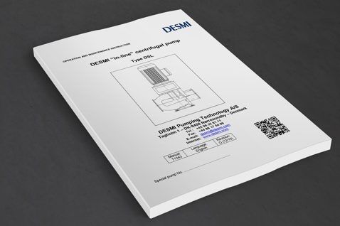 DESMI in-line centrifugaalpomp handleiding met technische illustratie en contactinformatie.