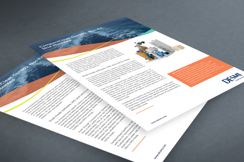 Two DESMI brochures with text and images on a gray surface.