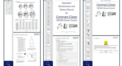 DESMI Ocean Guard manuals for Compact Clean system, showing operation and safety guidelines.