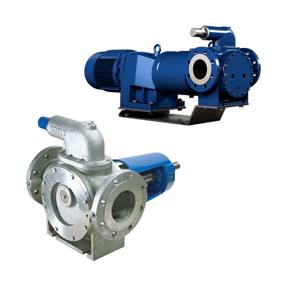 Two industrial pumps, blue and silver, for fluid handling applications.