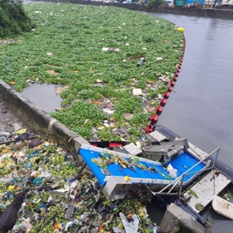 Floating debris barrier with trash in river, surrounded by water hyacinths.