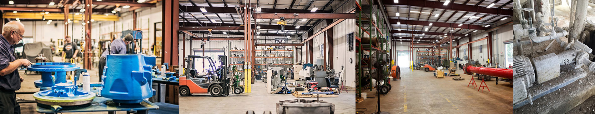 Industrial workshop with machinery, workers, and equipment for manufacturing and assembly tasks.