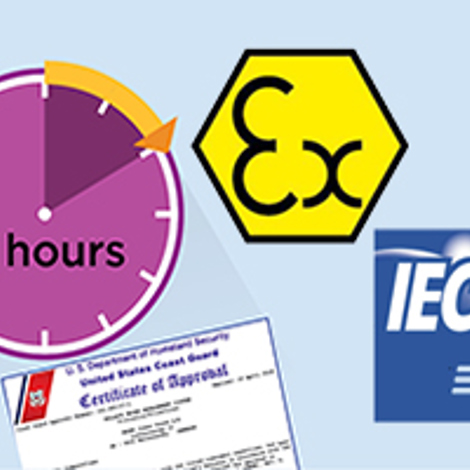 Clock showing 2 hours, Ex symbol, IECEx logo, and approval certificate.
