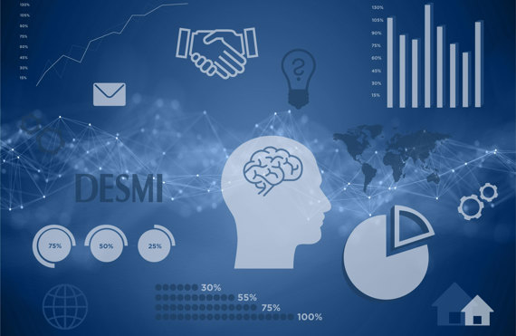 Blue graphic with DESMI logo, charts, handshake, brain, and world map illustrations.