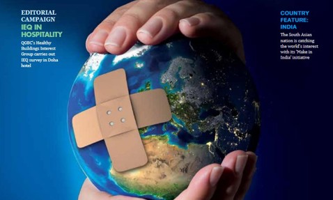 Magazine cover featuring Earth with a bandage, discussing COP 21 and HVACR industry.