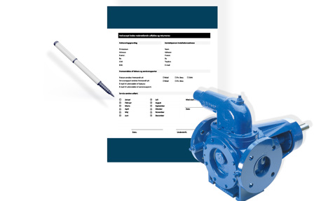 Pen, form, and DESMI pump for fluid handling depicted together.