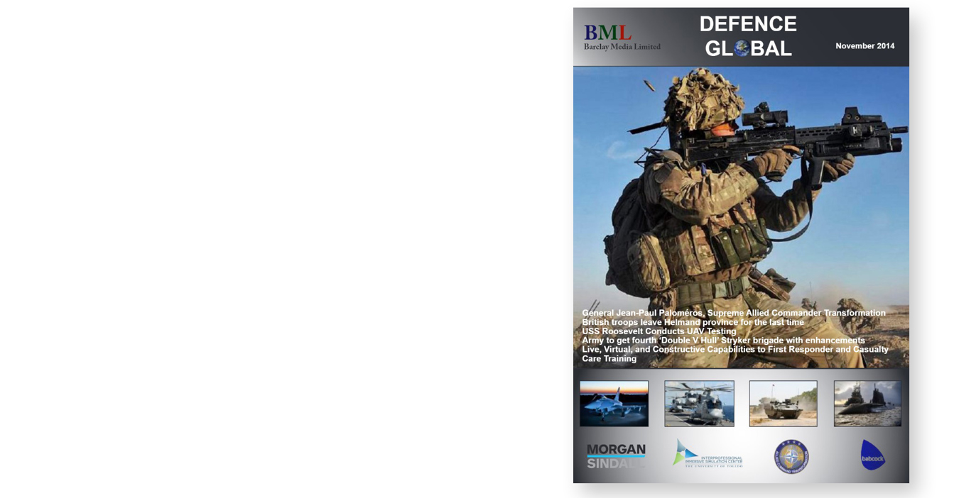 Soldier in camouflage gear aiming rifle, featured on Defence Global magazine cover, November 2014.