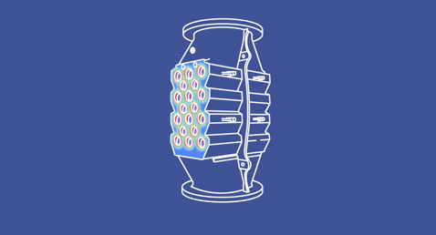 Illustration of a mechanical component with multiple circular elements on a blue background.