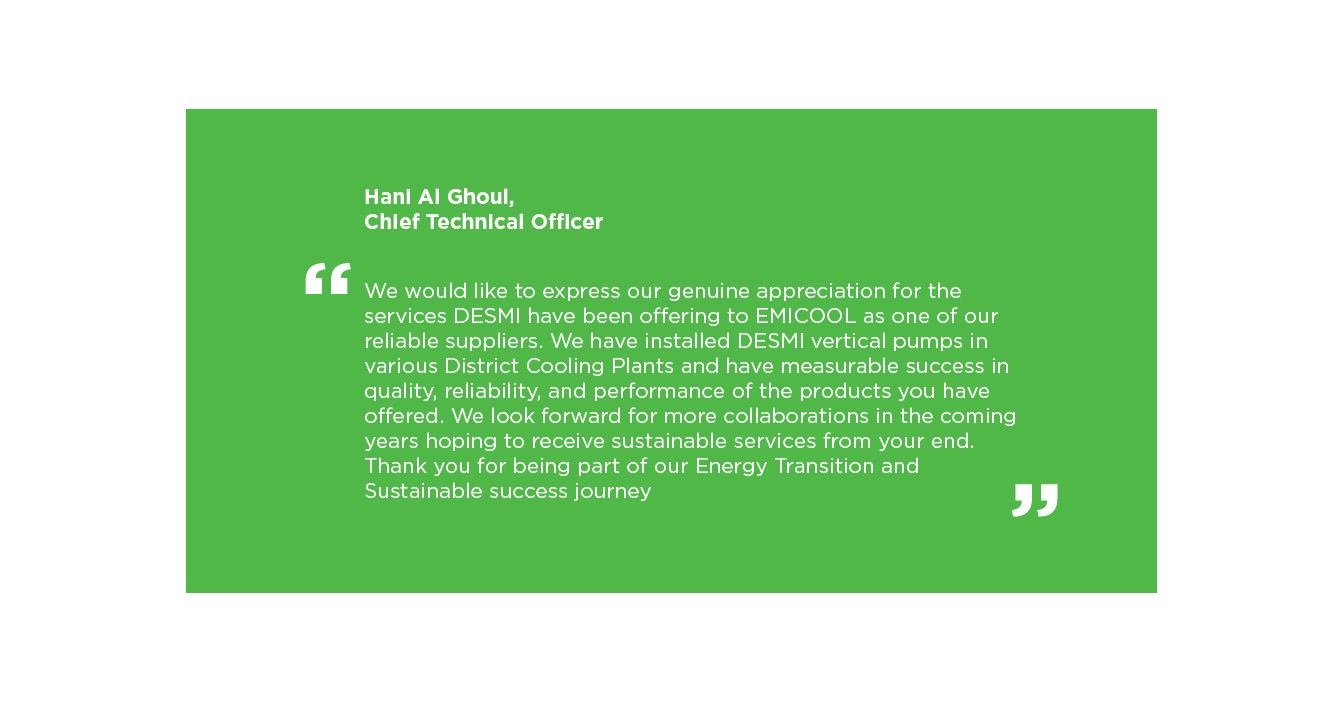 Green testimonial image with appreciation for DESMI's reliable vertical pumps and services.