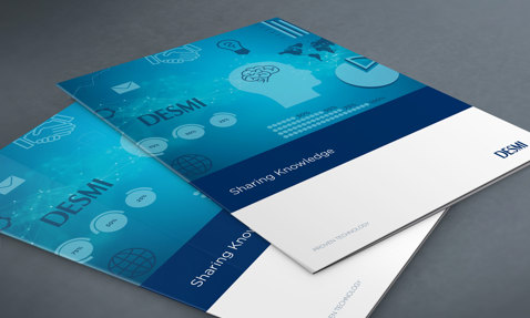 DESMI brochures titled "Sharing Knowledge," featuring technological graphics and icons.