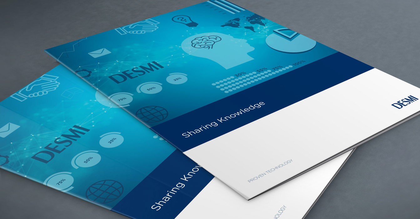 DESMI brochures titled "Sharing Knowledge," featuring technological graphics and icons.
