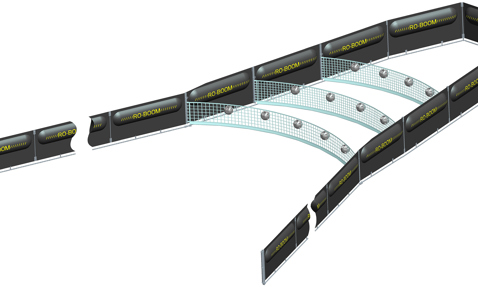 RO-BOOM oil containment system with curved sections and netting for spill control.