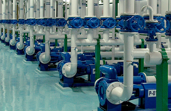 Fila de bombas industriales con válvulas azules y tuberías blancas para manejo de fluidos.