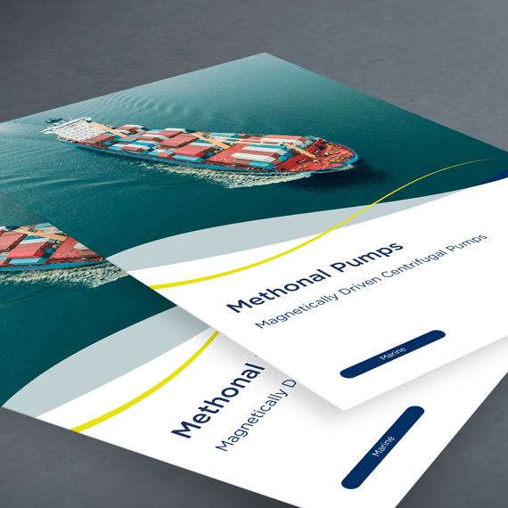DESMI brochures featuring methanol pumps and a container ship at sea.