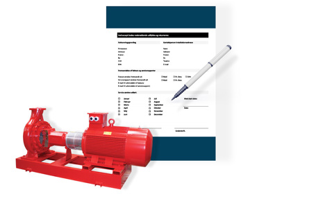 Röd DESMI centrifugalpump bredvid ett formulär och en penna, för tjänster inom vätskehantering.