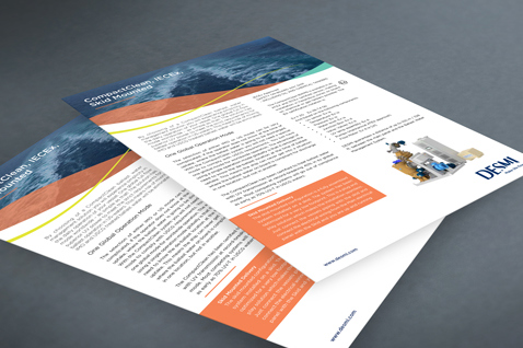 Two DESMI brochures on a table showcasing industrial fluid handling solutions.