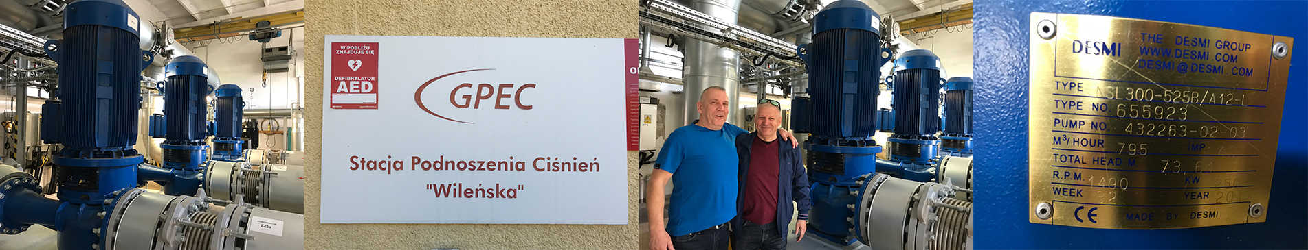 工业泵在一个设施中，DESMI标签可见，标牌上写着“Stacja Podnoszenia Cisnien Wilenska”。