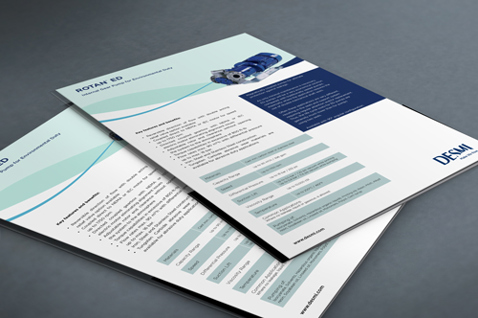 Brochures met DESMI-producten en informatie over oplossingen voor vloeistofverwerking.