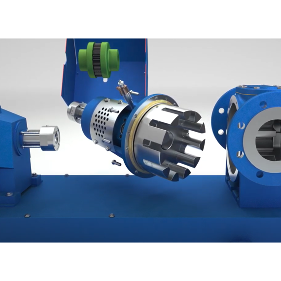 Industrial pump component with blue and green elements, likely for fluid handling.