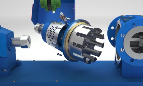Industrial pump component with blue and green elements, likely for fluid handling.
