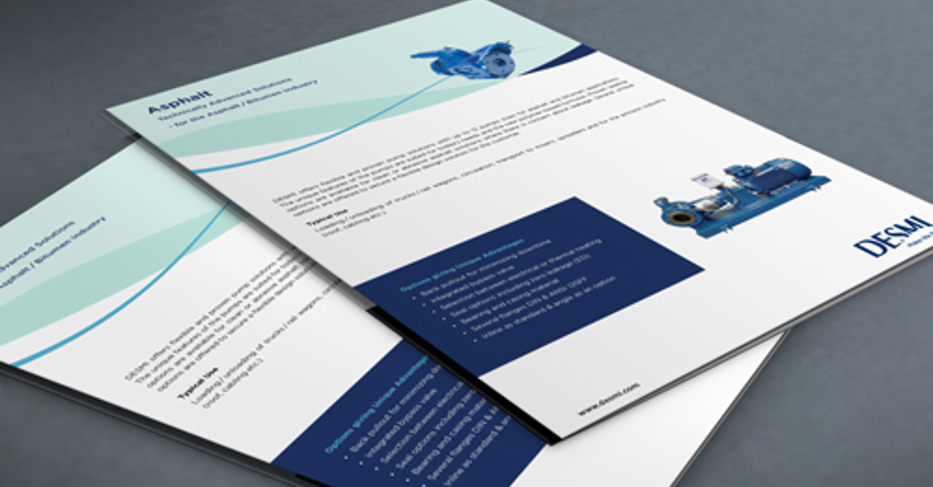 Brochures featuring DESMI pumps for asphalt applications, detailing advanced solutions and benefits.