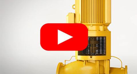 Pompa centrifuga verticale gialla DESMI per la gestione dei fluidi, con un'icona di riproduzione sovrapposta.