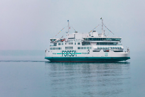 Ferry named Aurora sails calmly in foggy waters, displaying "FORSEA" branding.