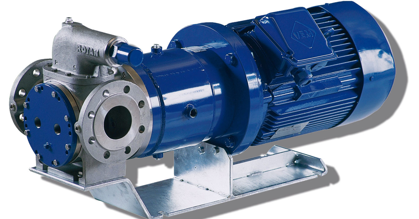 Blue DESMI ROTAN pump for fluid handling, mounted on a metal base.