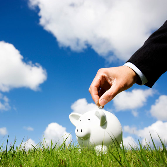 Hand placing coin into piggy bank on grass under blue sky with clouds.