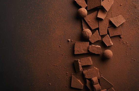 Broken chocolate pieces and truffles dusted with cocoa powder on dark background.