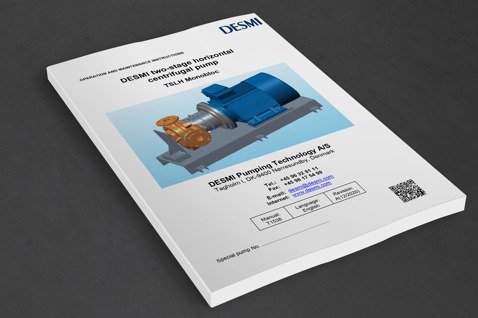 DESMI manual for TSLH Monobloc two-stage horizontal centrifugal pump on a table.