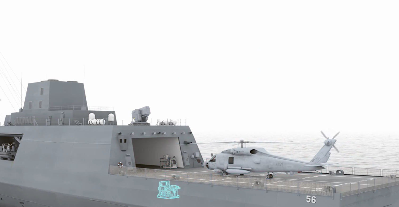 Naval ship with helicopter on deck, featuring advanced radar and defense systems.