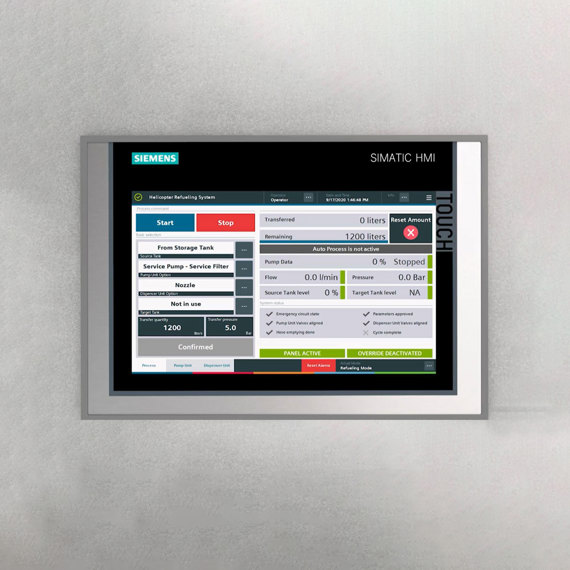 Touchscreen display showing Siemens helicopter refueling system interface with status indicators.