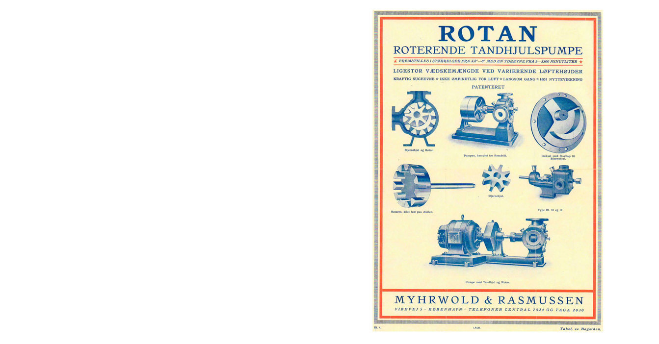 Vintage advertisement for Rotan rotary gear pump by Myhrwold & Rasmussen, featuring diagrams.