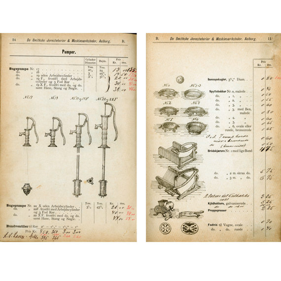 Vintage catalog pages showing pump illustrations and various mechanical parts with annotations.