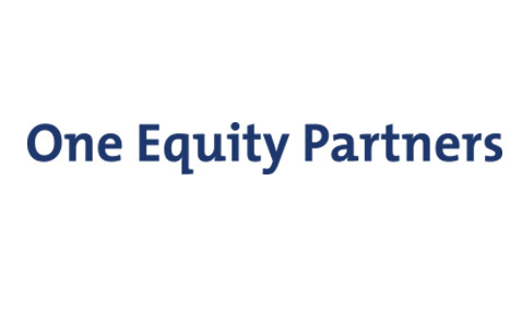"One Equity Partners" logo in blue font on a white background.