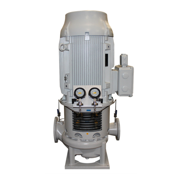 Pompe centrifuge verticale avec manomètres pour applications industrielles de gestion des fluides.