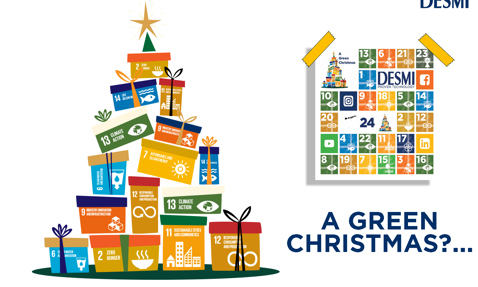 Christmas tree with sustainable development goals, DESMI calendar, "A Green Christmas?" text.